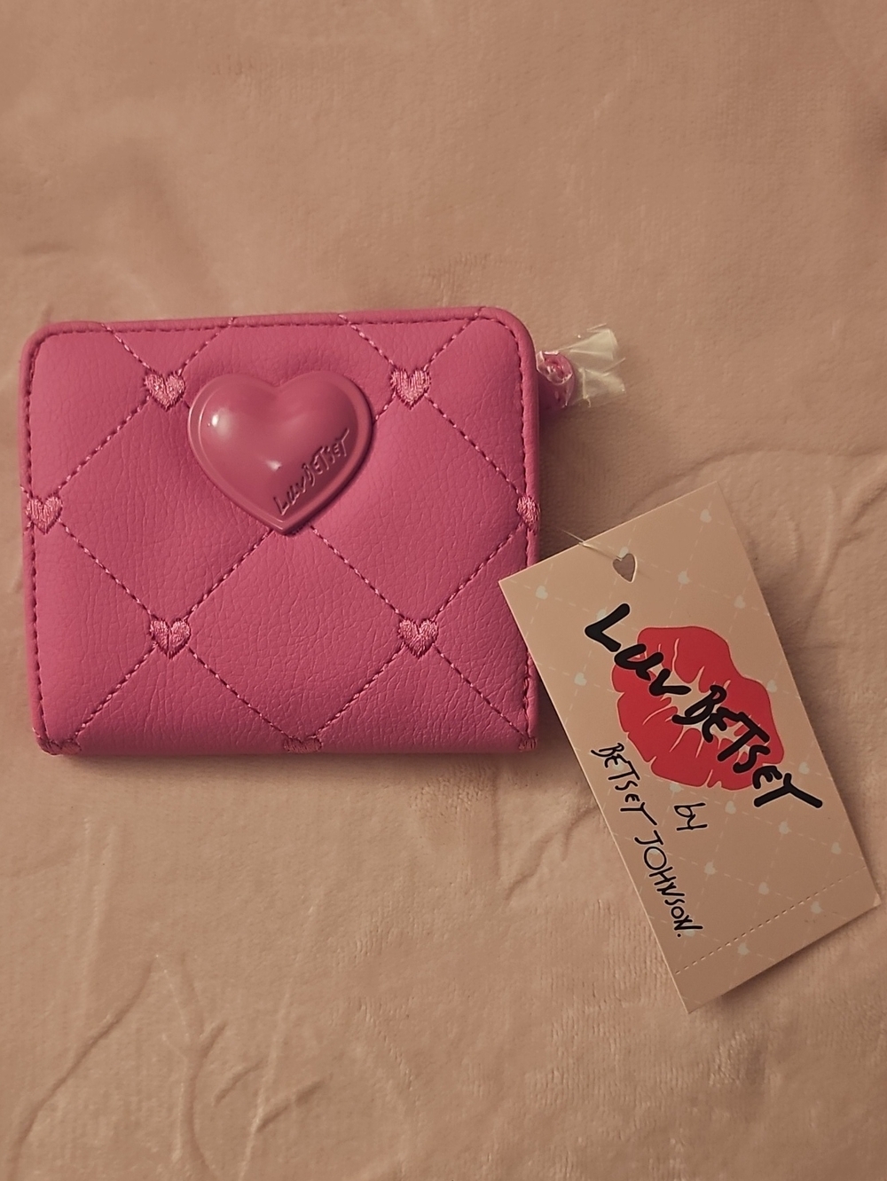 Betsey Johnson Pink Quilted Heart Zip Wallet